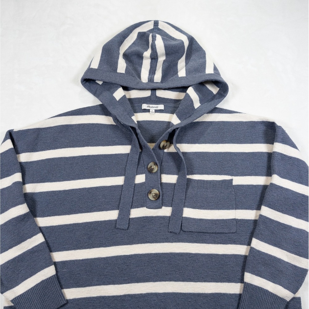 Madewell Henley Hoodie Women S Blue Oversized Coastal Preppy Nautical Cabin Cozy - Picture 13 of 15